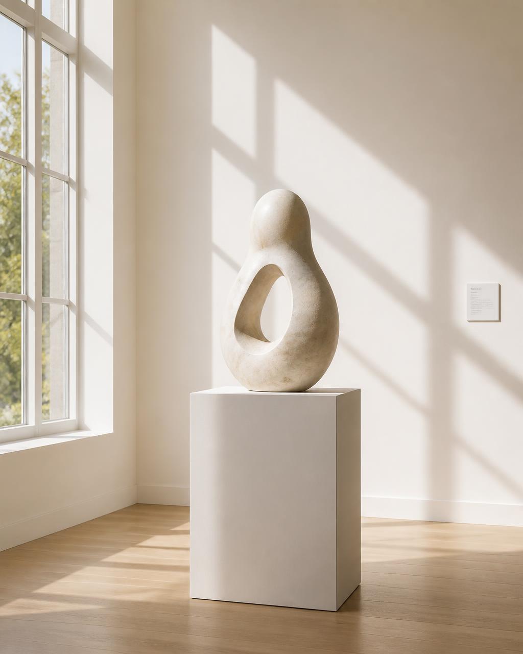 Helle Galerie mit einem skulpturalen Objekt auf einem Sockel